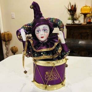 Mardi Gras Clown in Drum! Grand Casino Dancing Musical Wind Up Collectible WORKS